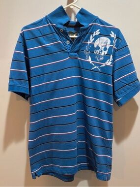 Vintage Inion Bay Blue Striped Short-Sleeve Polo Shirt with Skull Graphic